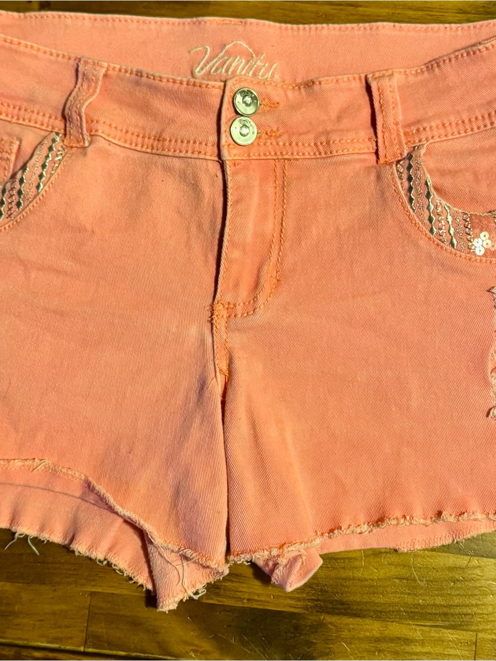 Vanity Coral-Peach Women's Denim Shorts with Sequin Trim